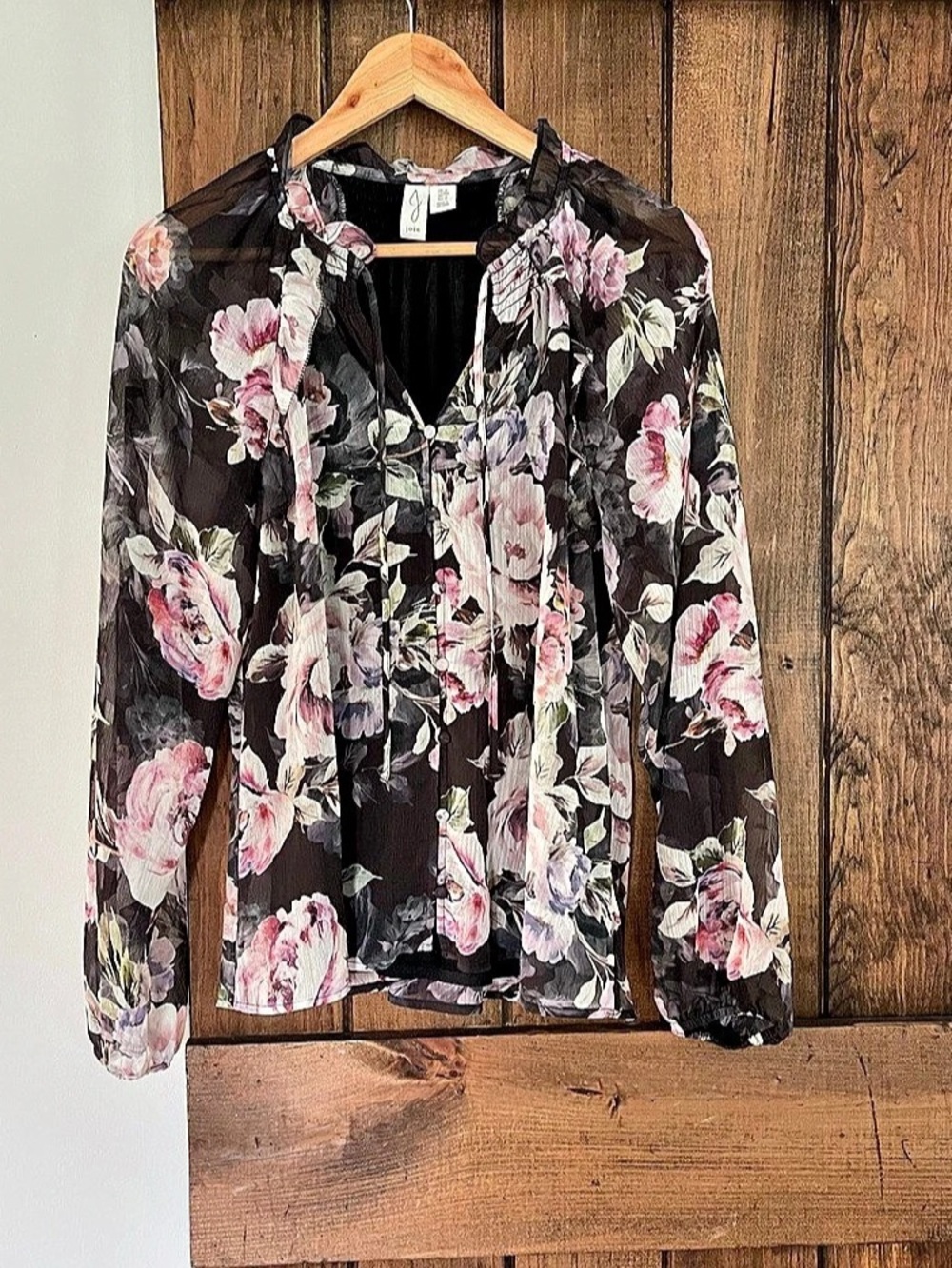 Joie Black Floral Ruffle Accent Smocked Button Up Blouse Whimsigoth Dark Fairy